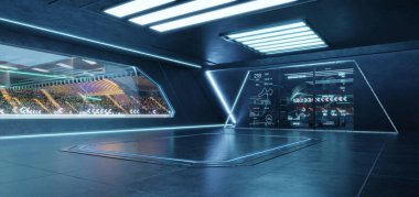 Parlayan neon ışıkları olan, şeffaf bir ekranda yarış pisti ve telemetri verilerini gösteren gelecekteki bir garaj. 3B görüntüleme 