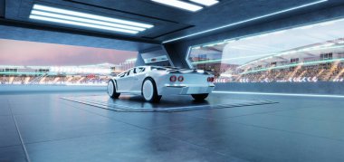 Kalabalık bir yarış pistine bakan modern bir garaja park edilmiş gelecekçi beyaz spor araba hız, teknoloji ve rekabet sergiliyor. 3B görüntüleme 