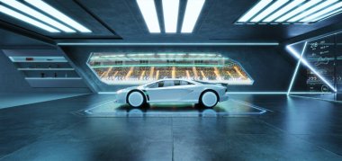 İleri teknolojili bir garaja park edilmiş, parlak bir yarış pistine bakan geniş bir penceresi olan fütürist beyaz spor araba. 3B görüntüleme 