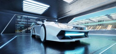 İleri teknoloji bir garajda park etmiş, performans verileri sergilenmiş, hareketli bir yarış pistinin yanında duruyor, hız ve yeniliğin vücut bulmuş hali. 3B görüntüleme 