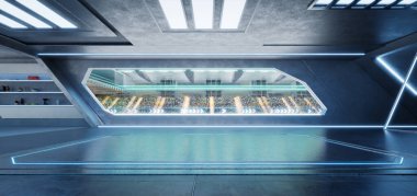 Geniş pencereli gelecekçi garaj alanı hareketli bir yarış pisti manzarası ve tezahürat yapan seyirciler sunuyor. 3d oluşturma