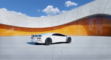 Turuncu camlı modern bir binanın önünde park etmiş, yenilikçi bir otomotiv tasarımı sergiliyor. 3B görüntüleme 