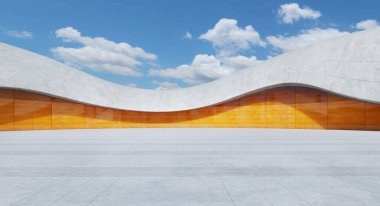 Dalgalı beton çatısı ve turuncu cam cepheli, kısmen bulutlu mavi gökyüzünün altında, modern bir binanın önündeki boş beton zemin. 3B görüntüleme 