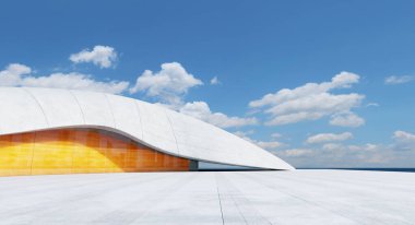 Beton ve turuncu panelleri harmanlayan, mavi gökyüzü ve okyanus zeminine karşı eğimli bir çatıya sahip fütürist bir bina. 3B görüntüleme 