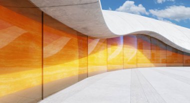 Eğri beton çatılı ve turuncu cam cepheli modern bir binanın önündeki boş beton zemin şehri yansıtıyor. 3B görüntüleme 