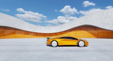 Mavi gökyüzünün altında dalgalı turuncu ve beton duvarları olan fütürist bir binanın yakınına park edilmiş modern turuncu spor araba. 3B görüntüleme