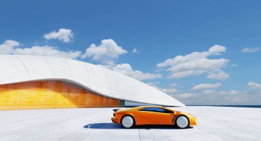 Mavi gökyüzünün altında, modern bir binanın önünde park edilmiş turuncu fütüristik bir spor araba. 3B görüntüleme