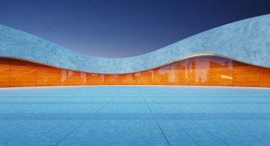 Gün batımında şehrin ufuk çizgisini yansıtan fütüristik bir binanın önündeki boş beton kare. 3B görüntüleme