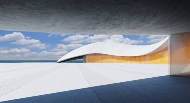 Beton ve camı harmanlayan fütüristik mimari, mavi gökyüzü ve okyanusun zeminine çarpıcı bir görsel zıtlık yaratıyor. 3B görüntüleme