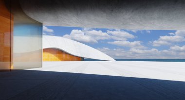 Bulutlu bir gökyüzünün altında sakin bir okyanusa bakan beton ve ahşap manzaralı modern mimari bina. 3B görüntüleme