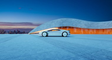 Alacakaranlıkta modern beton ve cam bir binanın önüne park edilmiş beyaz fütürist spor araba. Arka planda şehrin silüeti var. 3B görüntüleme