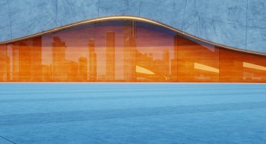 Günbatımında şehir manzarasını yansıtan turuncu camlı pencereli modern binanın önündeki boş beton zemin. 3B görüntüleme