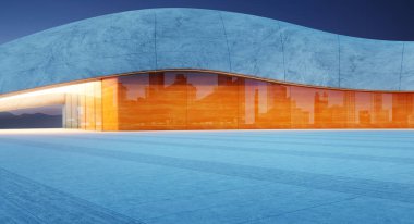 Turuncu camlı pencereli modern bir binanın önündeki boş beton zemin alacakaranlıkta şehrin manzarasını yansıtıyor. 3B görüntüleme