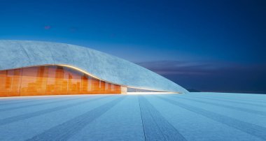 Beton ve ahşabı harmanlayan modern mimari, alacakaranlık altında bir şehir manzarasını yansıtıyor. 3B görüntüleme