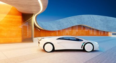 Günbatımında modern, lüks bir binanın önünde park edilmiş beyaz fütüristik spor araba yenilikçi otomotiv tasarımı ve modern mimari sergiliyor. 3B görüntüleme