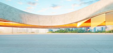 Modern bir şehrin ufuk çizgisine bakan eğimli duvarları ve cam pencereleri olan boş beton alan, yenilikçi mimari tasarım sergiliyor. 3d oluşturma 