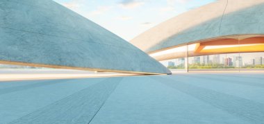 Soyut modern mimari ve şehir manzaralı boş beton zemin. 3d oluşturma 