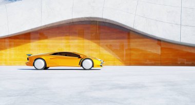 Sarı modern spor araba fütüristik binanın önüne park edilmiş. 3B görüntüleme