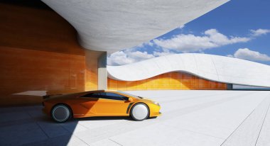 Modern turuncu spor araba fütüristik bir garajda park edilmiş. 3B görüntüleme