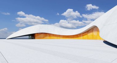 Geleceğin yenilikçi mimari tasarımı, kıvrımlı çatı çizgisi ve canlı turuncu cam cephe ile mavi gökyüzü ve bulutların arka planına karşı sergileniyor. 3B görüntüleme