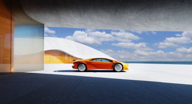 Modern mimarinin garajına park edilmiş turuncu fütüristik spor araba. Okyanus manzaralı ve mavi gökyüzü. 3B görüntüleme