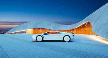 Günbatımında modern beton ve cam bir binanın önüne park edilmiş beyaz fütürist spor araba. 3B görüntüleme