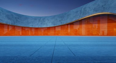 Kavisli beton duvarlı ve turuncu camlı modern bir binanın önündeki boş beton zemin, alacakaranlıkta şehrin ufuk çizgisini yansıtıyor. 3B görüntüleme