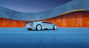 Turuncu cam cepheli modern bir binanın önüne park edilmiş gelecekçi beyaz elektrikli spor araba. 3B görüntüleme