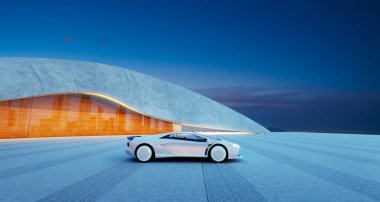 Beyaz elektrikli spor araba, şafakta şehrin ışıklarını yansıtan beton binanın yakınına park edilmiş. 3B görüntüleme