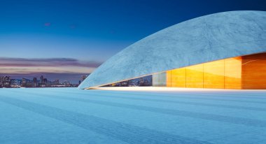 Güneş batarken parlayan turuncu cam cepheli beton kabuk yapısı, dünya dışı bir mimari manzara yaratıyor. 3B görüntüleme