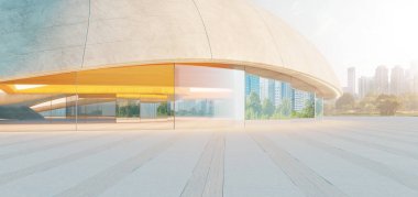 Şehir manzarasını ve parkı yansıtan beton ve cam kubbeli boş bir otopark. 3d oluşturma