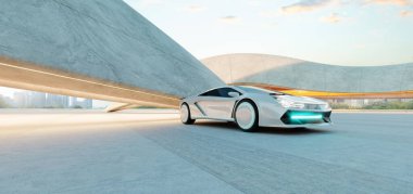 Beyaz fütürist spor araba günbatımında modern beton mimarinin altına park edilmiştir. 3d oluşturma