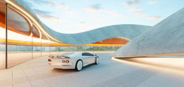 Modern bir otoparkın içine park etmiş, eğri beton ve cam duvarları olan fütürist beyaz bir araba. 3d oluşturma
