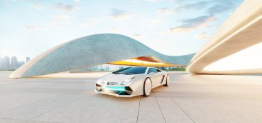 Modern bir otoparkta eğimli beton yapılarla park edilmiş beyaz fütürist spor araba. 3d oluşturma