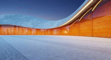 Fütürist tasarımı olan boş bir park alanı ve alacakaranlıkta şehrin ufuk çizgisini yansıtan turuncu paneller. 3d oluşturma