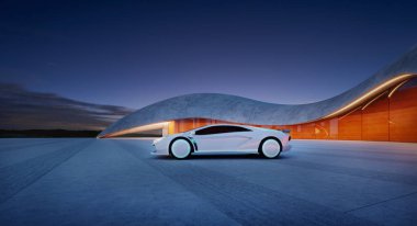 Günbatımında modern bir binanın önüne park edilmiş fütüristik beyaz bir spor arabanın 3 boyutlu görüntüsü.