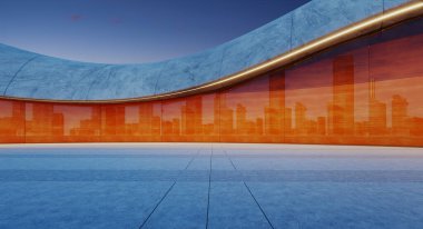 Gün batımında şehrin ufuk çizgisini yansıtan fütüristik bir tasarıma sahip boş bir otopark. 3d oluşturma