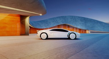 Günbatımında turuncu ve mavi aksanlı, yenilikçi tasarım ve teknoloji içeren, modern, eğimli bir binanın önüne park edilmiş gelecekçi beyaz araba. 3d oluşturma