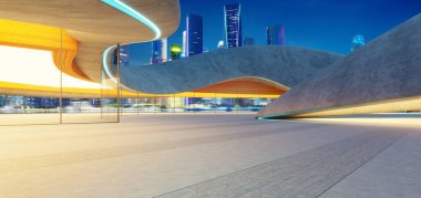 Parlak çizgileri ve modern mimarisi olan boş beton bir otopark. Şehir manzarası var. 3d oluşturma