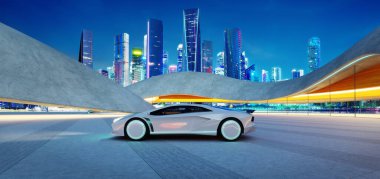 Fütürist beyaz araba, çağdaş bir otoparkta gece aydınlatmalı bir şehir silueti ile park edilmiştir. 3d oluşturma