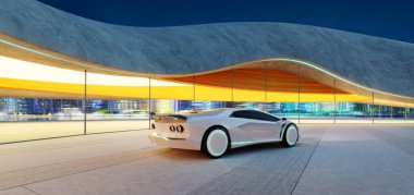 Beyaz fütüristik spor araba modern bir otoparkta parlayan ışıklar ve gece şehir manzaralı, 3D görüntülü.