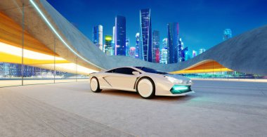 Modern bir şehrin gelecekteki otoparkına park edilmiş beyaz elektrikli spor araba yenilikçi otomotiv tasarımı ve şehir mimarisi sergiliyor. 3d oluşturma