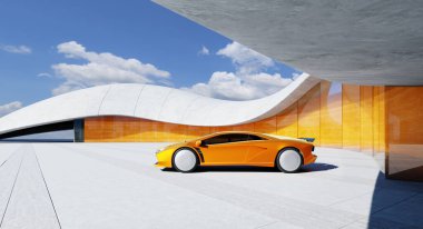 Turuncu modern spor araba mavi gökyüzünün altındaki gelecekteki garaja park edilmiş. 3B görüntüleme