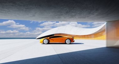 Portakal rengi modern spor araba bulutlu gökyüzünün altında okyanusa bakan fütüristik garajda park edilmiş, yenilikçi otomotiv tasarımı ve mimarisi sergilenmektedir. 3B görüntüleme