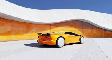 Güneşli bir günde modern bir cam ve beton binanın önüne park edilmiş parlak turuncu fütüristik spor araba. 3B görüntüleme