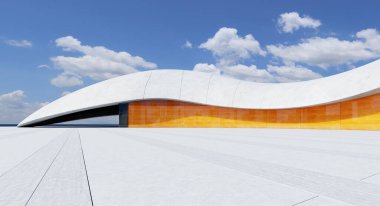 Beton ve camı harmanlayan gelecekçi mimari, mavi gökyüzü ve okyanusun arka planına çarpıcı bir görüntü yaratıyor. 3B görüntüleme