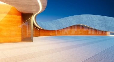 Pürüzsüz, modern dış görünüşü turuncu yansıtıcı panelleri olan ve alacakaranlık gökyüzünün altındaki şehir manzarasını yansıtan bina. 3B görüntüleme