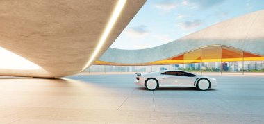 Şehir manzaralı, modern bir otoparkta, fütüristik beton bir yapının altına park edilmiş beyaz spor araba. 3d oluşturma