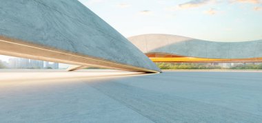 Modern beton mimari fütüristik bir park alanı yaratıyor. Bu 3 boyutlu resimde gün batımının sıcak parıltısıyla aydınlanıyor.