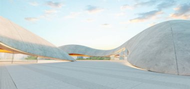 Gün batımında organik şekilli ve entegre ışıklandırmalı boş beton otopark. 3d oluşturma